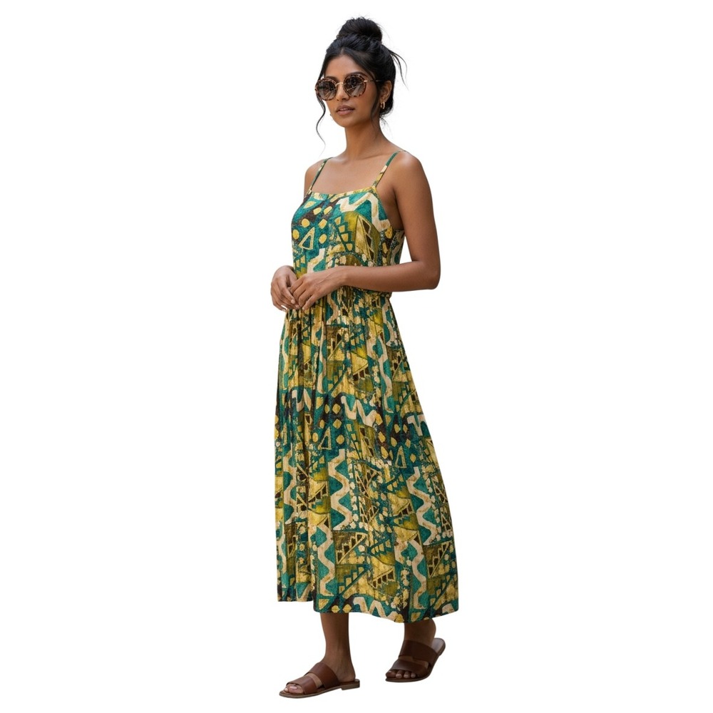 Peruvian Connection Women's Geometric Print Maxi Dress Green Yellow Pockets SZ 8
